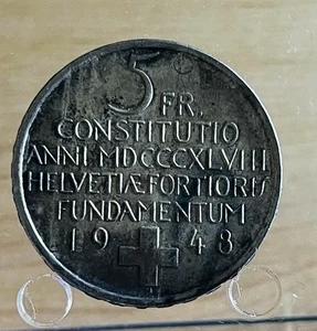 1948B Switzerland silver 5 francs, Constitution commemorative, UNC, .835 Silver - Picture 1 of 2