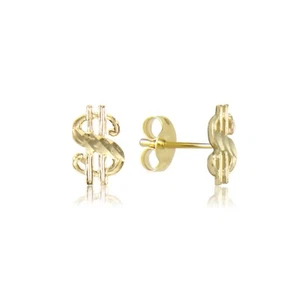 10K Solid Yellow Gold Dollar Sign Stud Earrings - $ Money Dia Cut Women Men - Picture 1 of 1