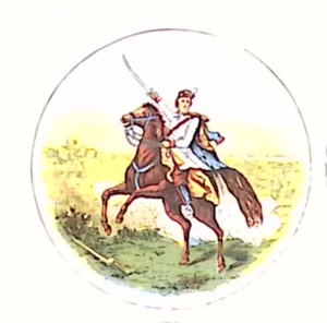 1890er Soldat reitet zu Pferd schwingendes Schwert Zelluloid Pinback KUNSTWERK - Bild 1 von 2