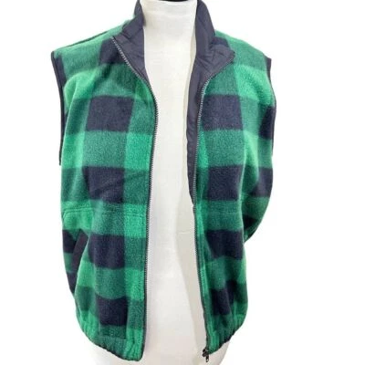 Rafaella Womens SZ M Petite Navy Green Buffalo Plaid Fleece Sleeveless Vest - Image 1 of 4