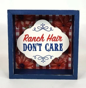 Pioneer Woman Painted Gingham Floral Ranch Hair Box Sign, Blue Frame, 6"x6"×1.5" - Picture 1 of 5