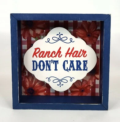 Pioneer Woman Painted Gingham Floral Ranch Hair Box Sign, Blue Frame, 6"x6"×1.5" - Image 1 of 4