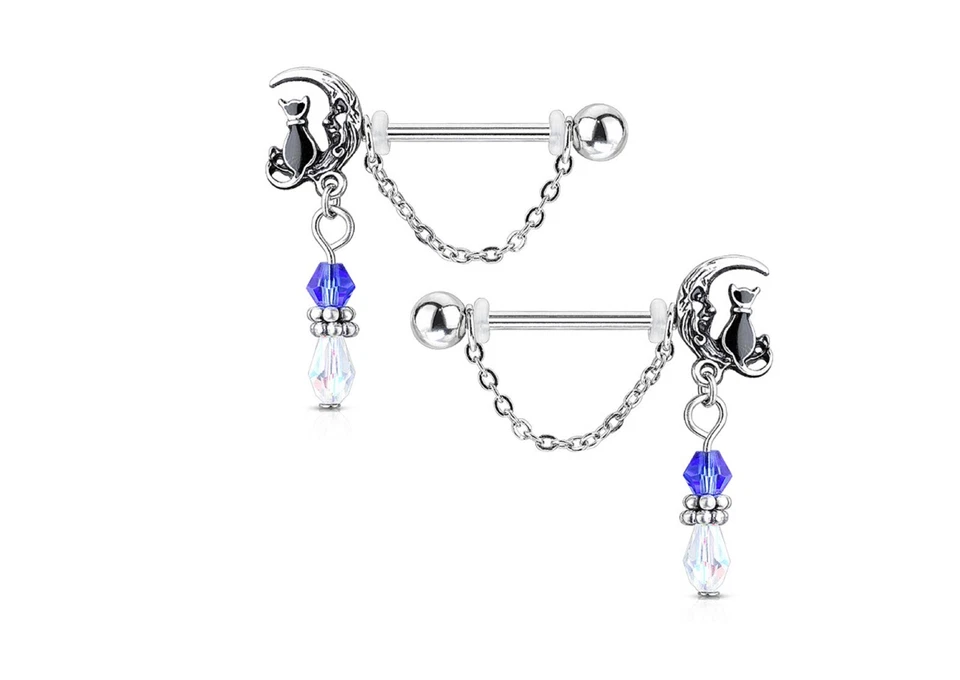 Par de anillos de barra de pezón colgante cadena luna y cuentas gato con luna joyería corporal Foto 1 de 1