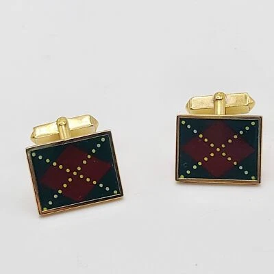 Swank Vintage Green Red Argyle Patterned Cufflinks Mens Signed Gold Tone Holiday - Image 1 of 4