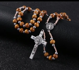 Saint St Benedict Wood Beaded 27” Rosaries “ Catholic Holiday Rosary SALE” - Picture 1 of 12