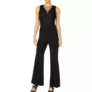 ADRIANNA PAPELL NEW Women's Black Lace Bodice Mesh Crepe Jumpsuit 22W TEDO - Picture 1 of 2