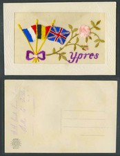WW1 SILK Embroidered Old Postcard Ypres Belgium, Flag Flags Pink Flower, Novelty