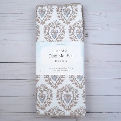Kitchen Dish Drying Mat Set of 2 Blue Tan Medallions 15x20 - Image 1 of 2