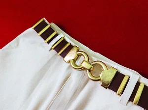 YVES SAINT LAURENT Women Gold Buckle Brown Leather Heavy Belt Made In France - Picture 1 of 10