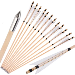 32" Wooden Arrows Turkey Feathers Archery Recurve Traditional Bow Hunting Target - Picture 1 of 14