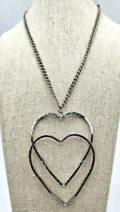 Double Heart Pendant Necklace Silver Toned Statement Attract Love Romantic 18"