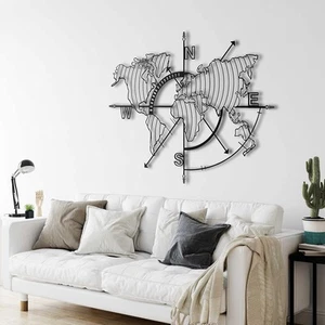 Metal Wall Decor, World Map Paralel Compass, Home Living Room Decor, Wall Sign, - Picture 1 of 3