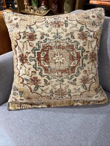 Pottery Barn Velvet Tan Rust Teal Tapestry Rug Print Throw Pillow Down 20x20” - Picture 1 of 10
