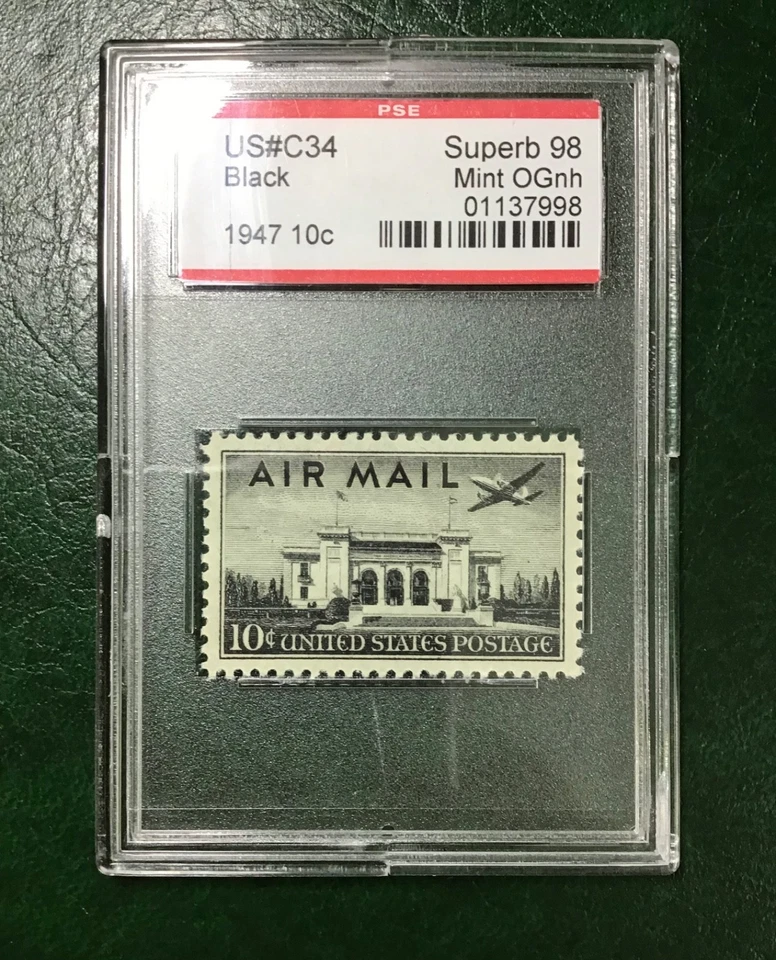 US #C34 10c Pan-Am Building Black Superb NH PSE Graded 98 ENCAPSULATED (1947) - Image 1 of 1