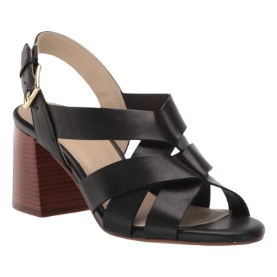 Sandálias femininas Cole Haan 10,5 preto Jamie couro sintético salto bloco madeira tiras - Imagem 1 de 4