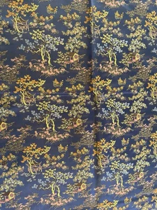 Blue background Silk pagoda brocade  Pagodas , rickshaw , cherry blossoms. - Picture 1 of 7