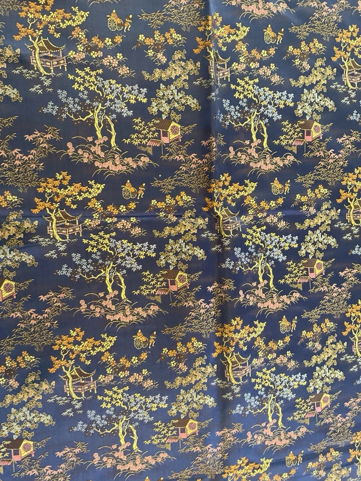 Blue background Silk pagoda brocade  Pagodas , rickshaw , cherry blossoms. - Image 1 of 4