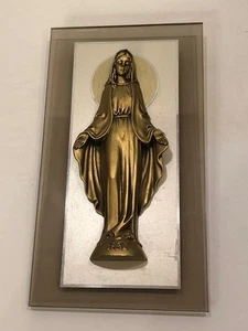 Vintage VIRGIN MARY Metal on Glass Wall Art - 4.5" x 8"H - Picture 1 of 7