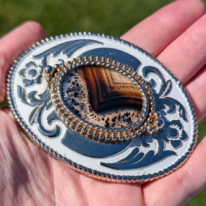Vintage Montana Moss Agate Belt Buckle Gold Tone Flowers White Cowgirl Western - Picture 1 of 10