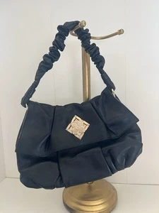 Y2K BCBG  Medium Black Leather Slouchy Satchel Shoulder Bag W Turnlock - Picture 1 of 6