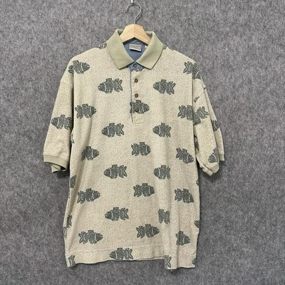 Vintage Bugle Boy Company Polo Shirt Men’s M Fish Print Beige Green Y2K - Image 1 of 4