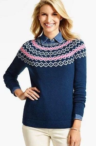 Talbots Navy Blue & Pink Diamond Fair Isle Sweater Size Medium - Bild 1 von 5