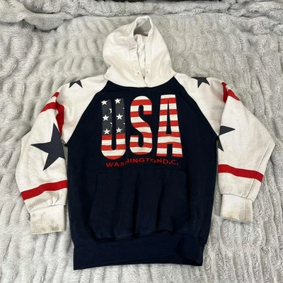 Hoodie Men’s Small USA Washington DC Flag Stars Stripes Patriotic Vintage Stains - Image 1 of 4