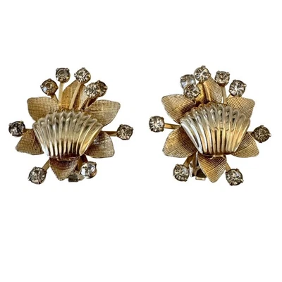 Pendientes de clip de cristal con concha de flores tono dorado vintage núcleo de sirena, mediados de siglo Foto 1 de 4