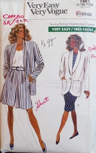 Vogue Sewing Pattern 7481 Misses Unlined Jacket Shorts Skirt Size 18-22 CUT READ - Picture 1 of 6