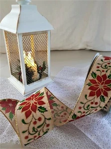 CHRISTMAS POINSETTIA burlap style Traditional - Luxury Wire Edge Ribbon **LOW** - Picture 1 of 4