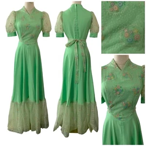Vintage 70er Jahre Cottage Core Prairie grün langes Maxi Organza Kleid bestickt - Bild 1 von 19