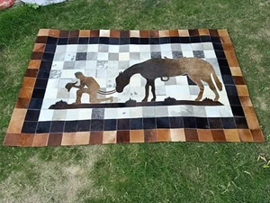 100 % echtes Rindsleder Haar auf Leder Patchwork Handarbeit Pferd Design Teppich 4x6 Fuß - Bild 1 von 5
