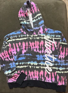 Justice Kids Girl's L Large 12-14 Tie Dye Black Pink Blue Sweater Hoodie Shirt - Picture 1 of 3