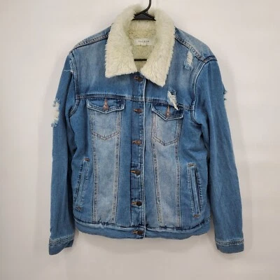 Pacsun Fleece Lined Denim Trucker Jacket Womens Size Large Sherpa Distressed - Image 1 of 4