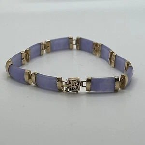 10K Solid Yellow Real Gold Natural Lavender Jade Bracelet, 7.5" Inches - Picture 1 of 8