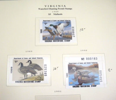 Virginia Waterfowl Hunting Permit 1988-1990 Lot of 3 Duck Stamps - Image 1 of 2