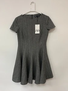 Zara Godet Short Dress Boat Neck Short Sleeve Hem Concealed Zip Grey Size Small - Picture 1 of 13