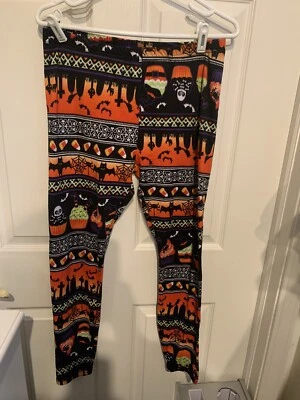 Eye Candy Halloween Leggings Black Bats White Skulls Orange Adult Plus Size XL - Image 1 of 3