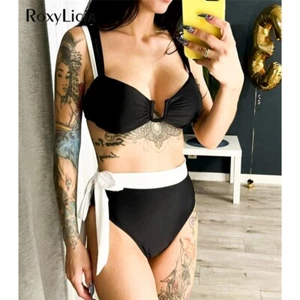 Splicing U Neck Knotted High Waist Bikini Women Swimwear Two-pieces Bikini Set - Picture 1 of 11