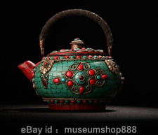 6.4" Rare Old Tibet Copper Turquoise Gems Portable Flower Teapot Teakettle