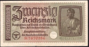 20 Reichsmark 1940-1945 Germany occup. Pick:R139 - Series: K 7670586 -"VG" - D58 - Picture 1 of 3