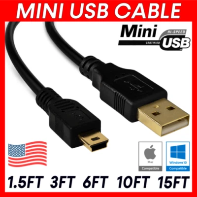 Mini USB Data Sync Charger Charging Cable 3/6/10/15 Feet Cord Arduino Dash Cam - Image 1 of 4