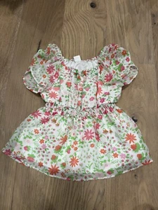Girl Size 10 / 12 Lined Fun Flower Print Butterfly Sleeve Smock Waist Shirt - Picture 1 of 9