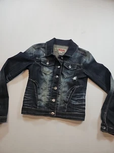 1st Kiss Jacket Womens Small  Denim Button Up Crochet Skull Long Sleeves - Picture 1 of 14