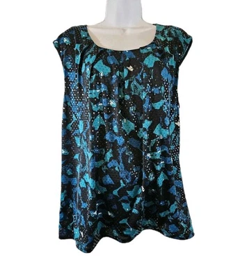 Blusa Alfani Mujer Plus 3X Negro Esmeralda Abstracto Estampado Animal Lentejuelas Carrera Foto 1 de 4