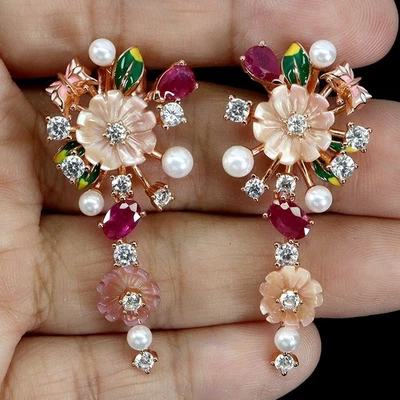 Pendientes de plata de ley 925 pera rubí 6x4 mm fregona perla piedras preciosas esmalte flor Foto 1 de 4