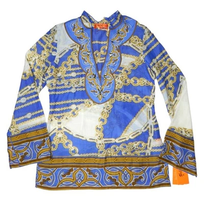 Top túnica Hale Bob Cabana con joyas talla XS azul blanco mezcla de algodón seda NUEVO Foto 1 de 4