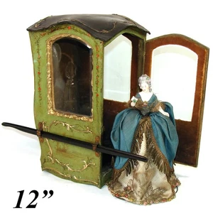 Rare Antique French Vernis Martin 12" Miniature Sedan Chair, Exquisite Orig Doll - Picture 1 of 20