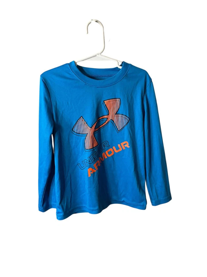 Under Armour Small Size 6-7 Long Sleeve Shirt Blue Orange Logo Loose HeatGear - Image 1 of 4