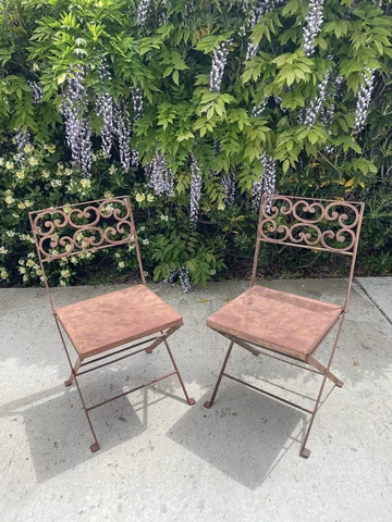2 Antique French Iron Folding Chairs, Bistro Style. Can arrange USHIP delivery! Cover